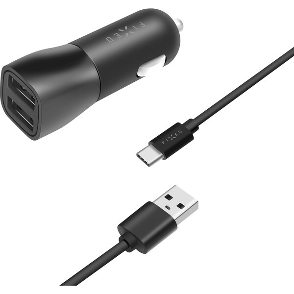 FIXED autonabíječka s 2x USB-A a kabelem USB-C 15 W černá