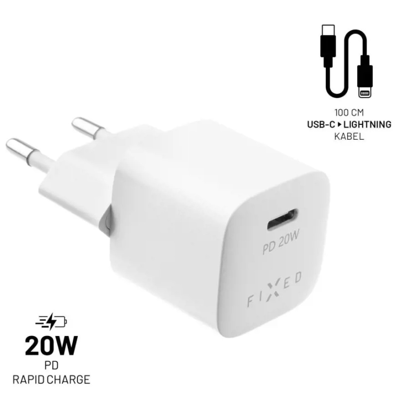 FIXED Mini nabíječka s USB-C a USB-C/Lightning kabelem, PD, 1 m, MFI, 20W, bílá