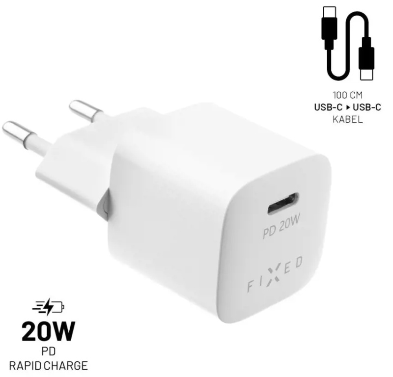 FIXED Mini nabíječka s USB-C a USB-C/USB-C kabelem, PD, 1 m, 20W, bílý