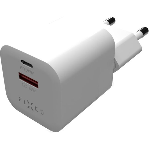FIXED Mini nabíječka s USB-C a USB-A výstupem PD 20W a QC 3.0 bílá