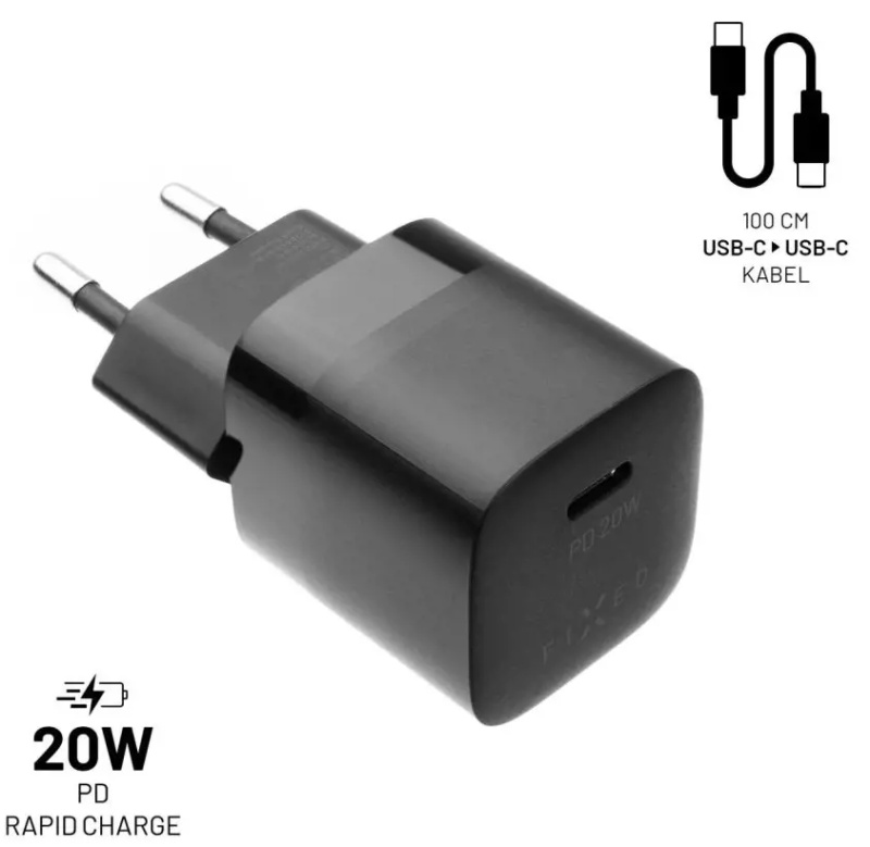 FIXED Mini nabíječka s USB-C výstupem a kabelem USB-C 1 metr PD 20W černý