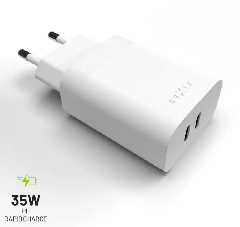 FIXED síťová nabíječka s 2x USB-C výstupem, podpora PD, 35W, bílá