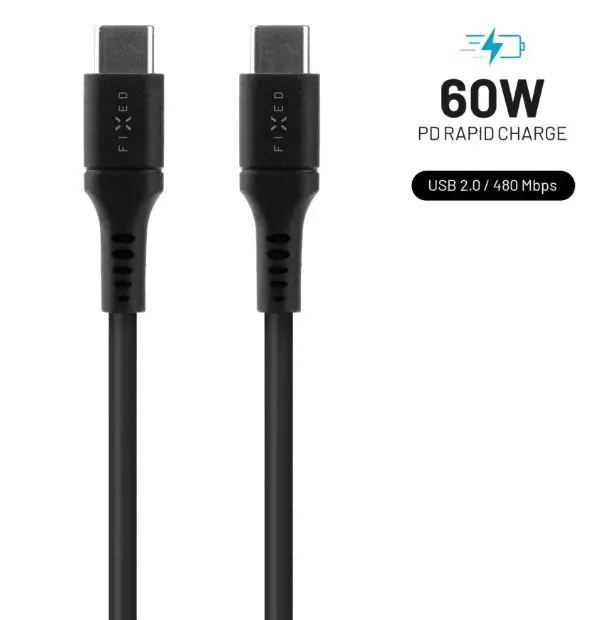 FIXED Liquid silicone kabel USB-C/USB-C (PD), 1,2m, USB 2.0, 60W, černý
