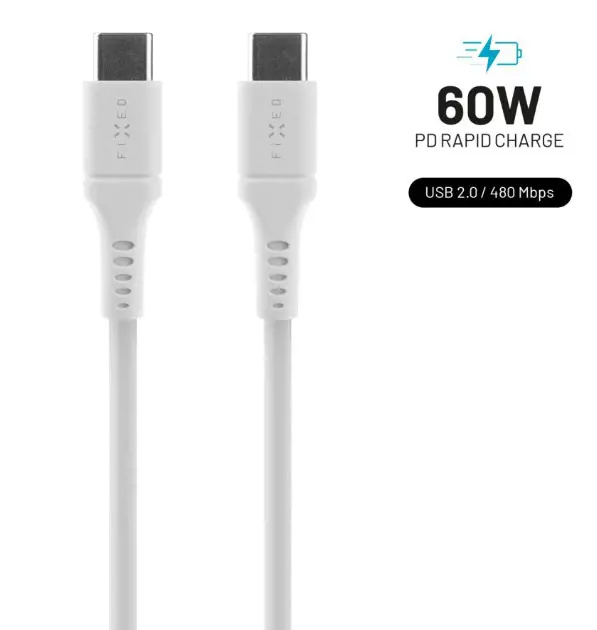 FIXED Liquid silicone kabel USB-C/USB-C (PD), 1.2m, USB 2.0, 60W, bílý
