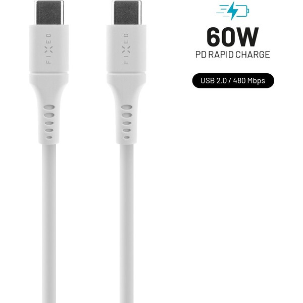 FIXED Liquid silicone kabel USB-C/USB-C (PD), 1.2m, USB 2.0, 60W, bílý