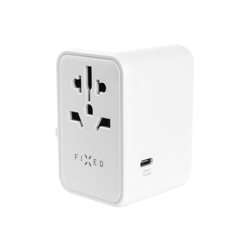 65W cestovní adaptér FIXED Voyager GaN (EU, UK, USA, AUS) - bílý