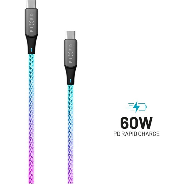 FIXED svítící nabíjecí kabel USB-C/USB-C (PD), 1,2 m, 60W, duhový