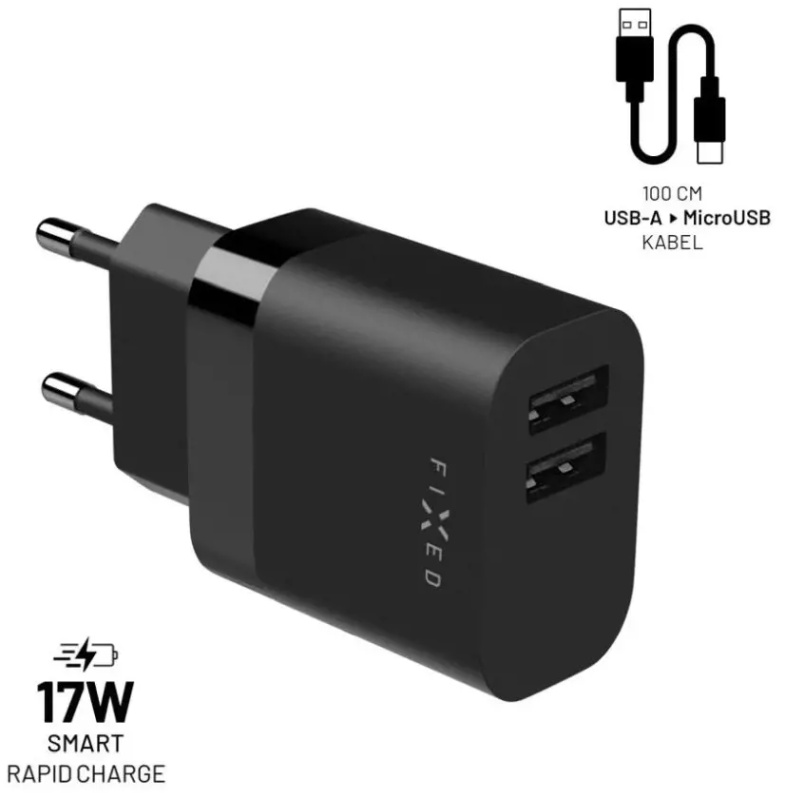 FIXED nabíječka s USB-A/MicroUSB kabelem, 1 m, 17W, černá