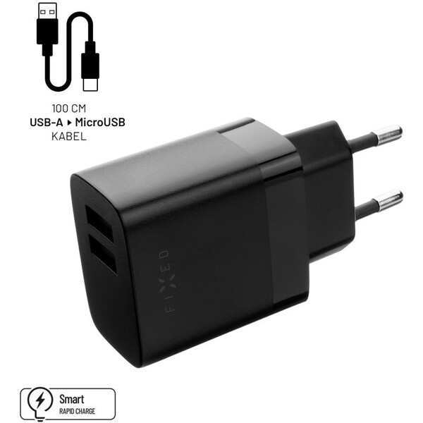 FIXED nabíječka s USB-A/MicroUSB kabelem, 1 m, 17W, černá