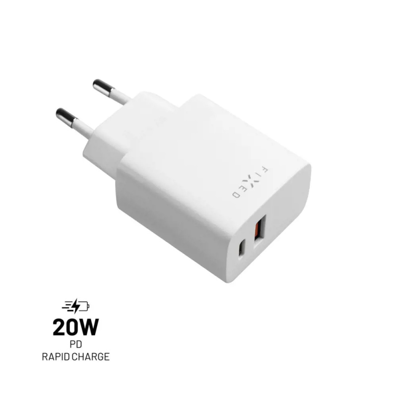 FIXED síťová nabíječka s USB-C a USB výstupem, podpora PD a QC 3.0, 20W, bílá