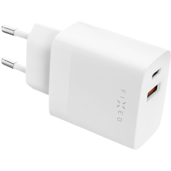 FIXED síťová nabíječka s USB-C a USB výstupem, podpora PD a QC 3.0, 20W, bílá