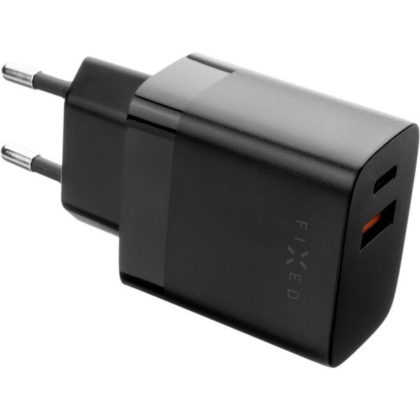 FIXED síťová nabíječka s USB-C a USB výstupem, podpora PD a QC 3.0, 20W, černá
