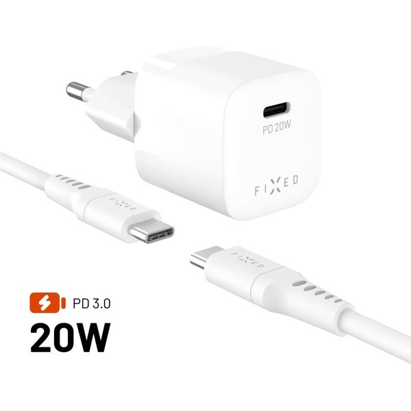FIXED Mini Set nabíječky s USB-C portem a USB-C kabelem, PD, 1,2 metr, 20W, bílá