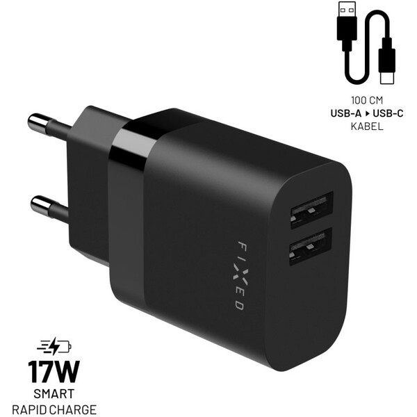 FIXED nabíječka s USB-A/USB-C kabelem, 1 m, 17W, černá