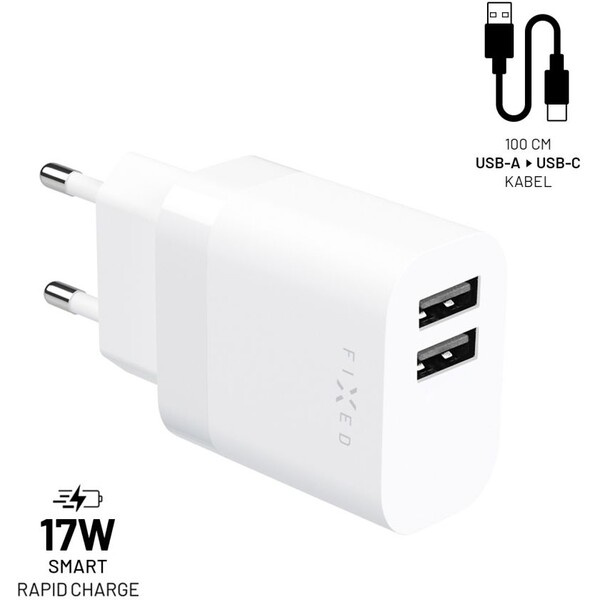 FIXED nabíječka s USB-A/USB-C kabelem, 1 m, 17W, bílá