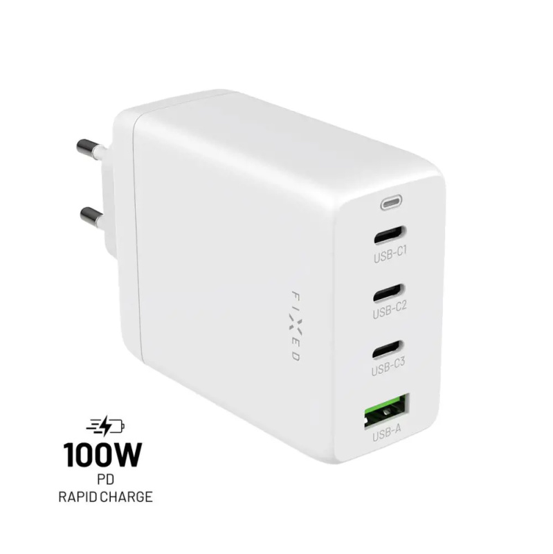 FIXED GaN nabíječka s 3xUSB-C a USB-A, PD 3.0, 100W, bílá