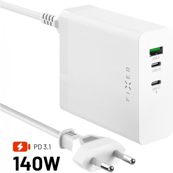 FIXED Charging Station GaN nabíjecí stanice (2x USB-C) s Power Delivery 3.1, 140W, bílá