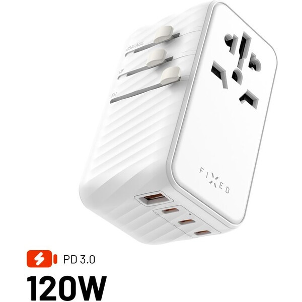 FIXED Voyager (120W) cestovní adaptér EU/UK/USA/AUS, 3xUSB-C a 1xUSB, GaN, PD, bílý