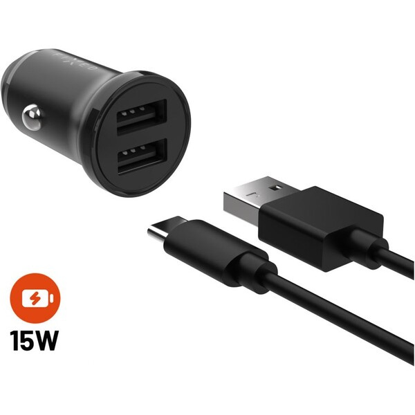 FIXED set autonabíječky s 2xUSB výstupem a USB/USB-C kabelem, 1 metr, 15W černý