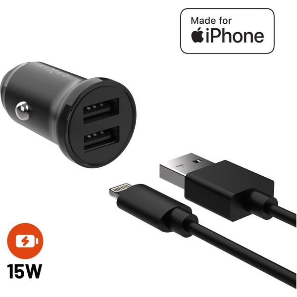FIXED set autonabíječky s 2xUSB výstupem a USB/Lightning kabelem, 1 metr, Mfi, 15W černý