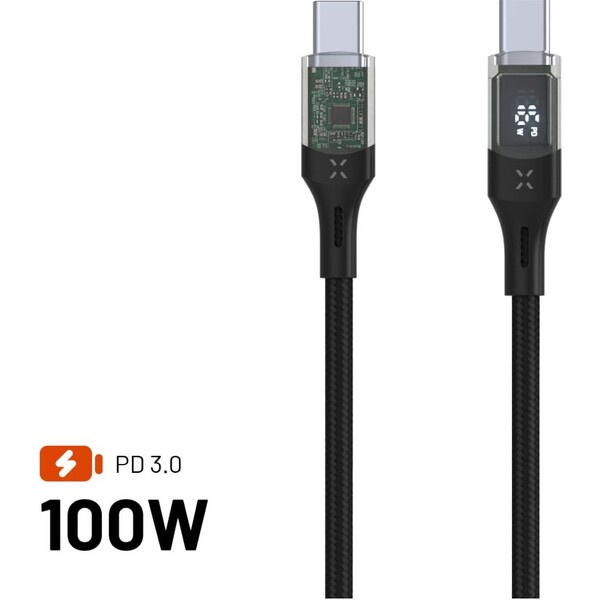 FIXED nabíjecí a datový kabel s displejem a konektory USB-C/USB-C, PD, 100W, 1,2m
