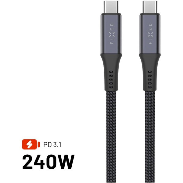 FIXED USB-C kabel s PD 3.1, (2 m), USB4gen2 20Gbps, 4K60Hz, 240W, šedý
