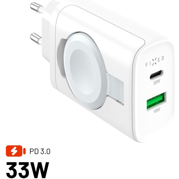 FIXED Power Socket GaN nabíječka USB-A/USB-C a nabíječkou pro Apple Watch bílá
