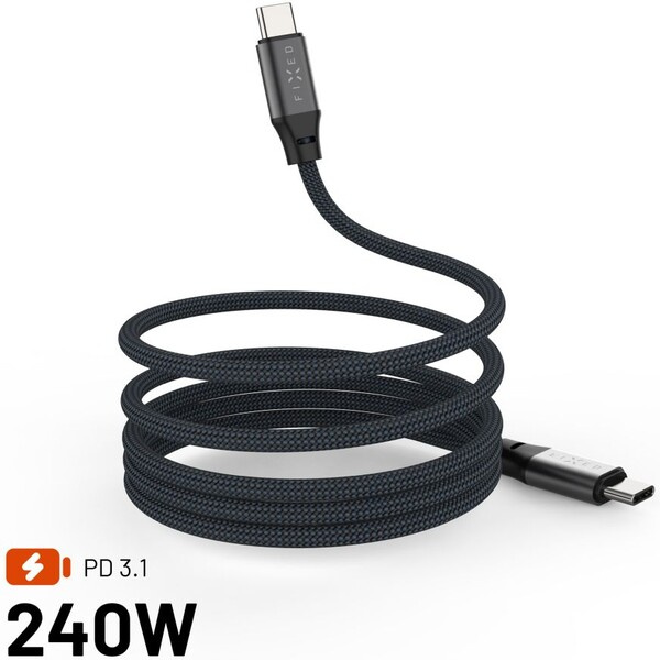 FIXED magnetický USB-C/USB-C kabel s opletením a Power Delivery, 1.2m, 240W, USB 2.0, šedý