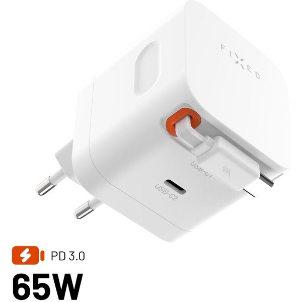 FIXED GaN nabíječka s 2xUSB-C, PD 3.0, se samonavíjecím kabelem, 65W, bílá
