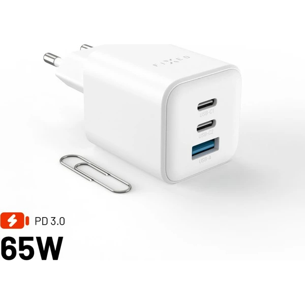 FIXED Mini GaN nabíječka s 2x USB-C/USB-A a podporou PD, 65W, bílá