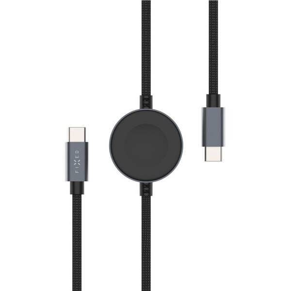 FIXED Power Watch Cable USB-C/USB-C a Apple/Samsung Watch nabíječkou, 1.5m, PD 60W šedý