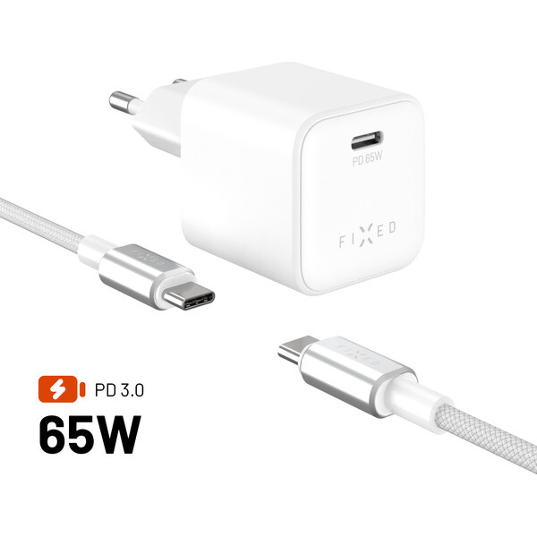 FIXED Mini set síťové GaN nabíječky s USB-C výstupem a USB-C/USB-C kabelem, PD, 65W, (2m) bílý
