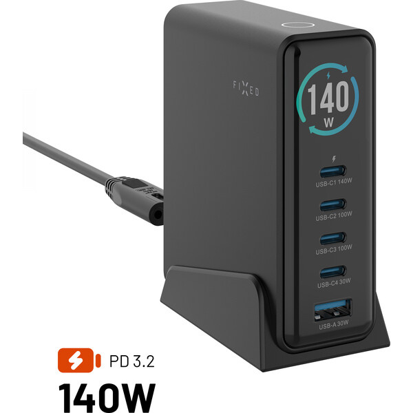 FIXED GaN nabíjecí stanice s displejem, USB-C a USB, PD 3.2 (140W) černá