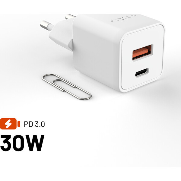 FIXED Mini GaN nabíječka s USB-C/USB-A (30W) PD bílá