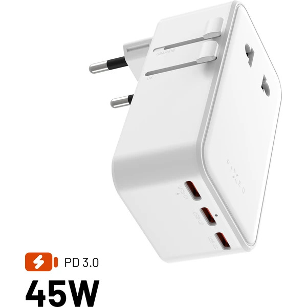 FIXED Voyager Slim 45W cestovní GaN adaptér (PD) pro EU, UK a USA/AUS, bílý