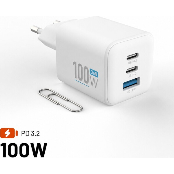 FIXED Mini GaN nabíječka s 2x USB-C a USB-A, PD, 100W, bílá