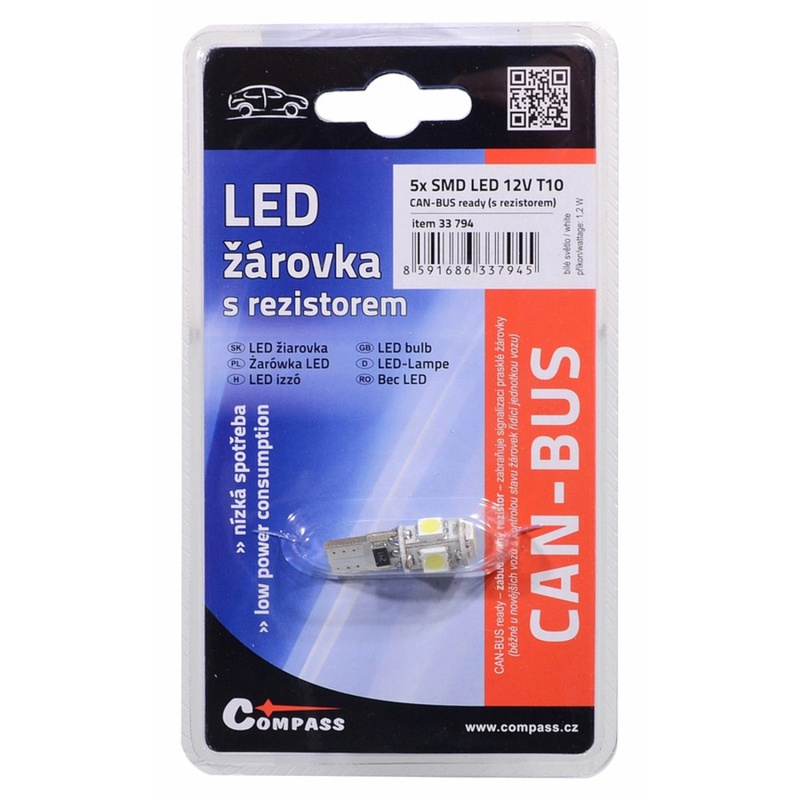 Compass Autožárovka LED 5 SMD CAN-BUS T10