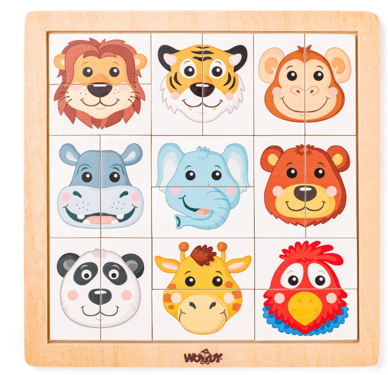 Woody zvířecí hlavičky exotické baby skládačka na desce 18 dílků