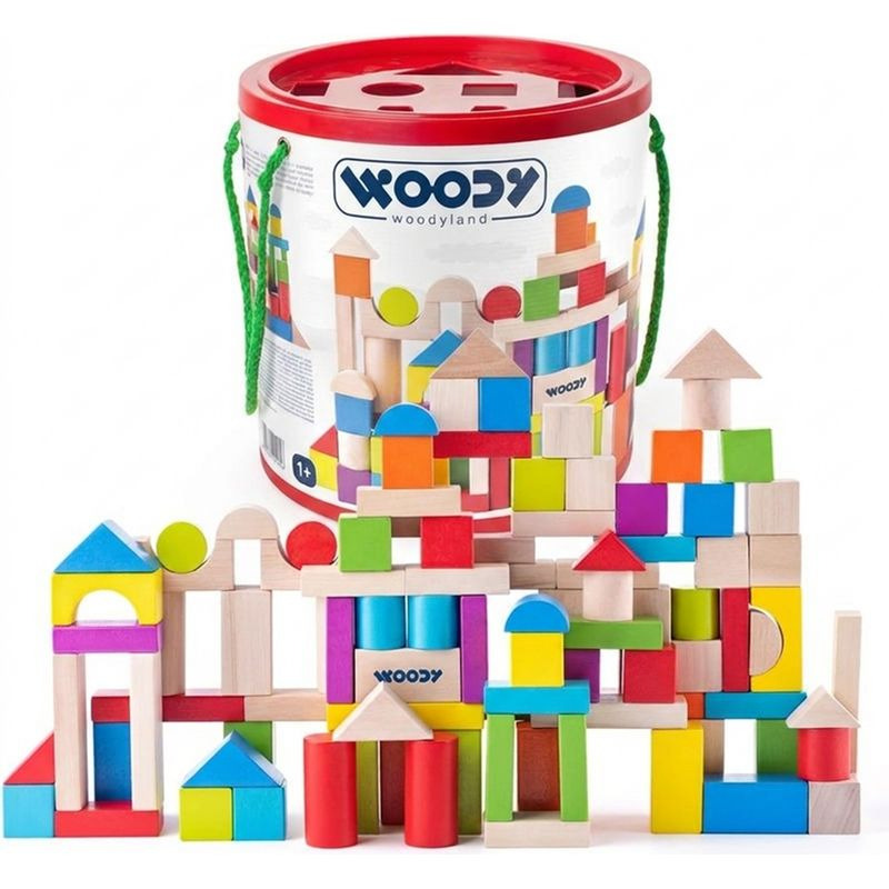 Woody 90905 kostky barevné/natur s prostrkávacím víkem 100 ks