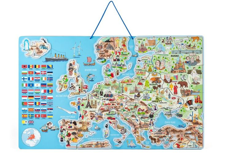 WOODY Magnetická mapa Evropy s obrázky a společenská hra, 3v1 v českém jazyce