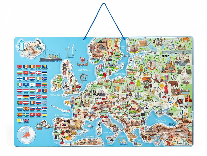 WOODY Magnetická mapa Evropy s obrázky a společenská hra, 3v1 v českém jazyce