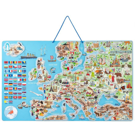 WOODY Magnetická mapa Evropy s obrázky a společenská hra, 3v1 v českém jazyce
