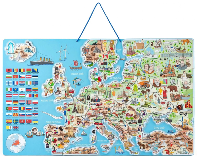 WOODY Magnetická mapa Evropy s obrázky a společenská hra, 3v1 v českém jazyce