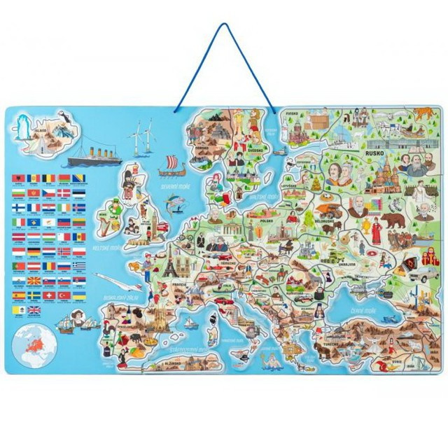 WOODY Magnetická mapa Evropy s obrázky a společenská hra, 3v1 v českém jazyce