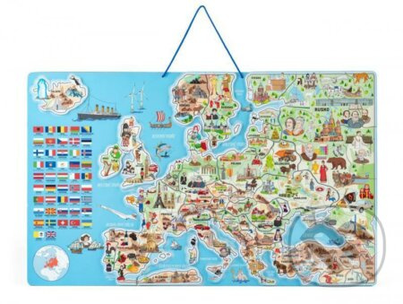 WOODY Magnetická mapa Evropy s obrázky a společenská hra, 3v1 v českém jazyce