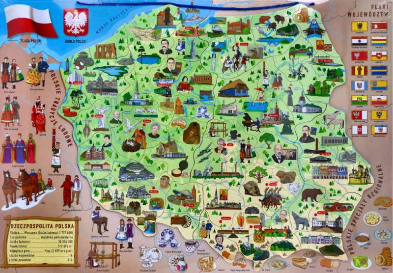 Magnetická mapa Polska s obrázky a společenská hra 3v1