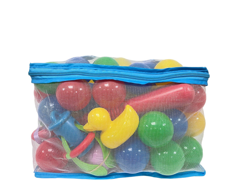 Plastové míčky s udičkou v PVC síťce, 62 ks, průměr 6 cm