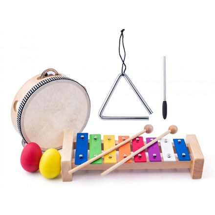 Woody Set muzikální xylofon traingl tamburina maracas 5 ks