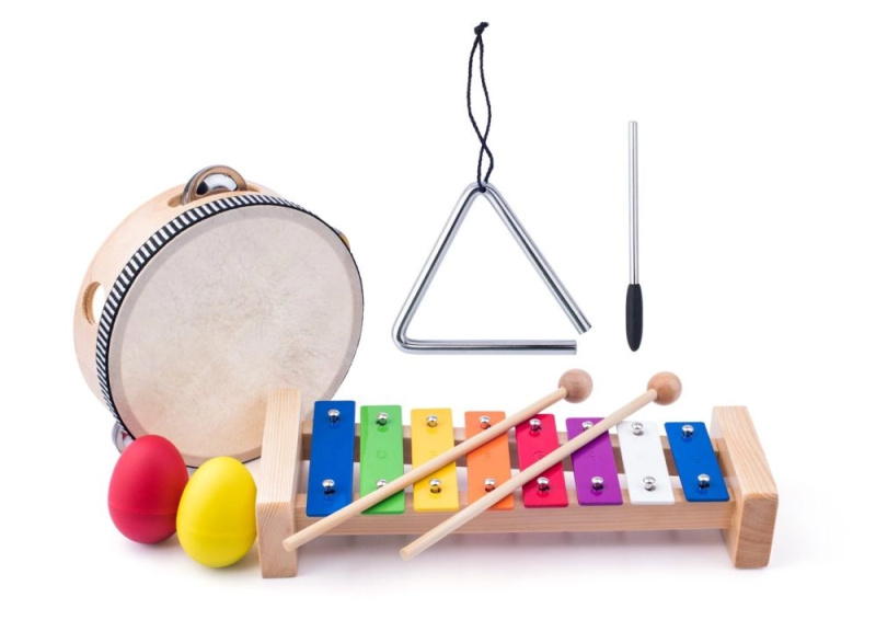 Woody Set muzikální xylofon traingl tamburina maracas 5 ks