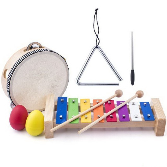 Woody Set muzikální xylofon traingl tamburina maracas 5 ks
